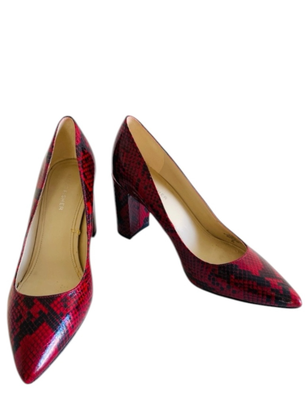 Marc Fisher Viviene Pump Red Black Snakeskin Print Size 9 Block Heel Pointed Toe